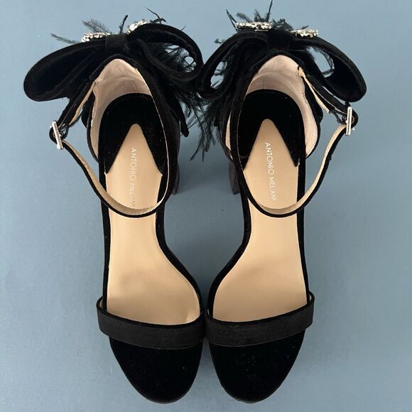 Antonio Melani Janie Black Velvet Rhinestone Bow Feather Platform Dress Sandals - Picture 7 of 8